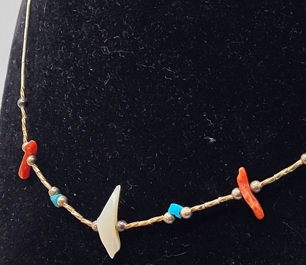 Vintage Native American Zuni Turquoise Coral Fetish Long One Strand Necklace17in